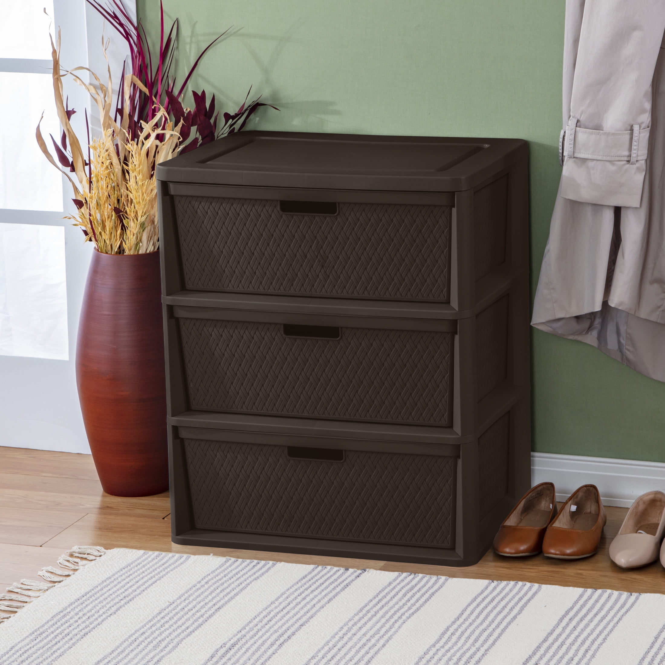 (2 pack) Sterilite Wide 3 Drawer Tower, Plastic Storage Organizer with Removable Decorative Bins, Easy to Assemble - No Tools Needed, Brown