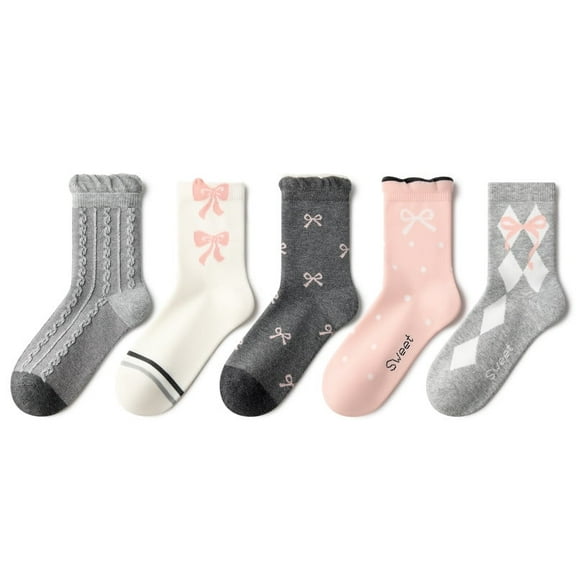 Beibi 5-Pair Pack Girls' Mid-Calf Socks in Preppy Style Suitable for Spring, Fall, and Winter For ages 4-13 and up