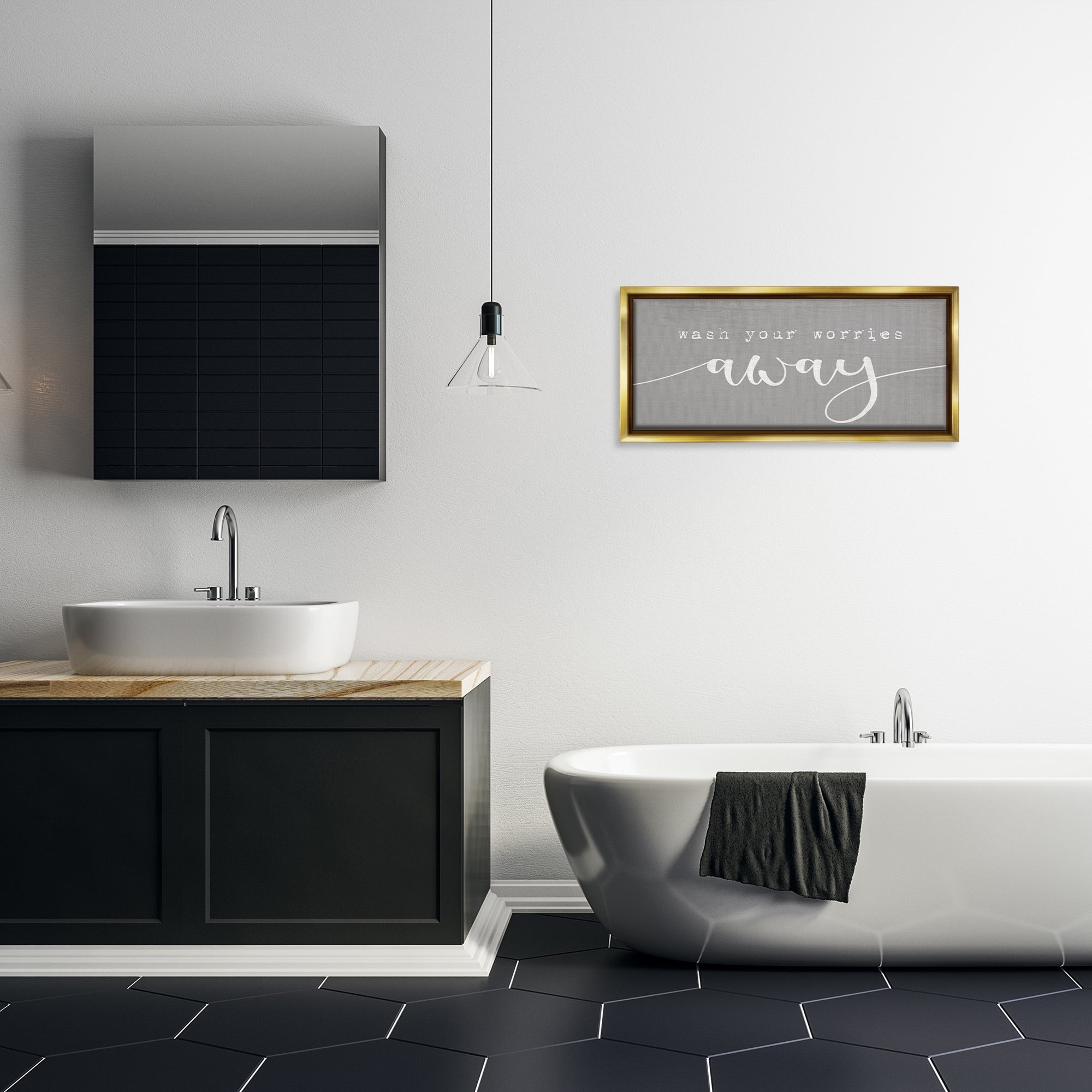 Stupell Industries Wash Your Worries Away Phrase Typography Painting Gold Floater Framed Canvas Art Print Wall Art, 31 x 14