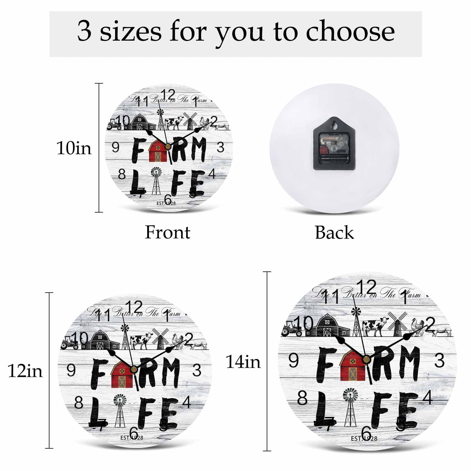 Wall Clock Farm Life Clocks PVC Silent Non-Ticking Battery Operated Decorative Farmhouse Barn Windmill Cow Chicken Tractor Wood Round Clock for Home Living Room Kitchen Bedroom Wall Decor 10 Inch