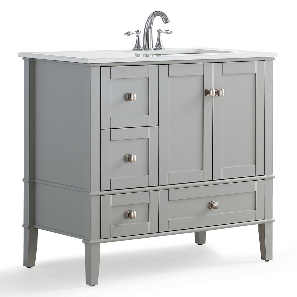 Simpli Home Chelsea 36" Right Offset Bath Vanity with White Quartz