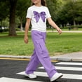thumbnail image 6 of SGFCWSX Girls 2 Piece Outfit Sequin Bow Print Short Sleeve Top and Elastic Waist Cargo Wide Leg Pants Casual Summer Set Purple Size 6, 6 of 7