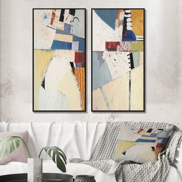 Designart "Resurfacing Memories Retro Collage I" Abstract Painting Framed Wall Art Set Of 2 - Modern Blue Frame Gallery Set For Office Decor
