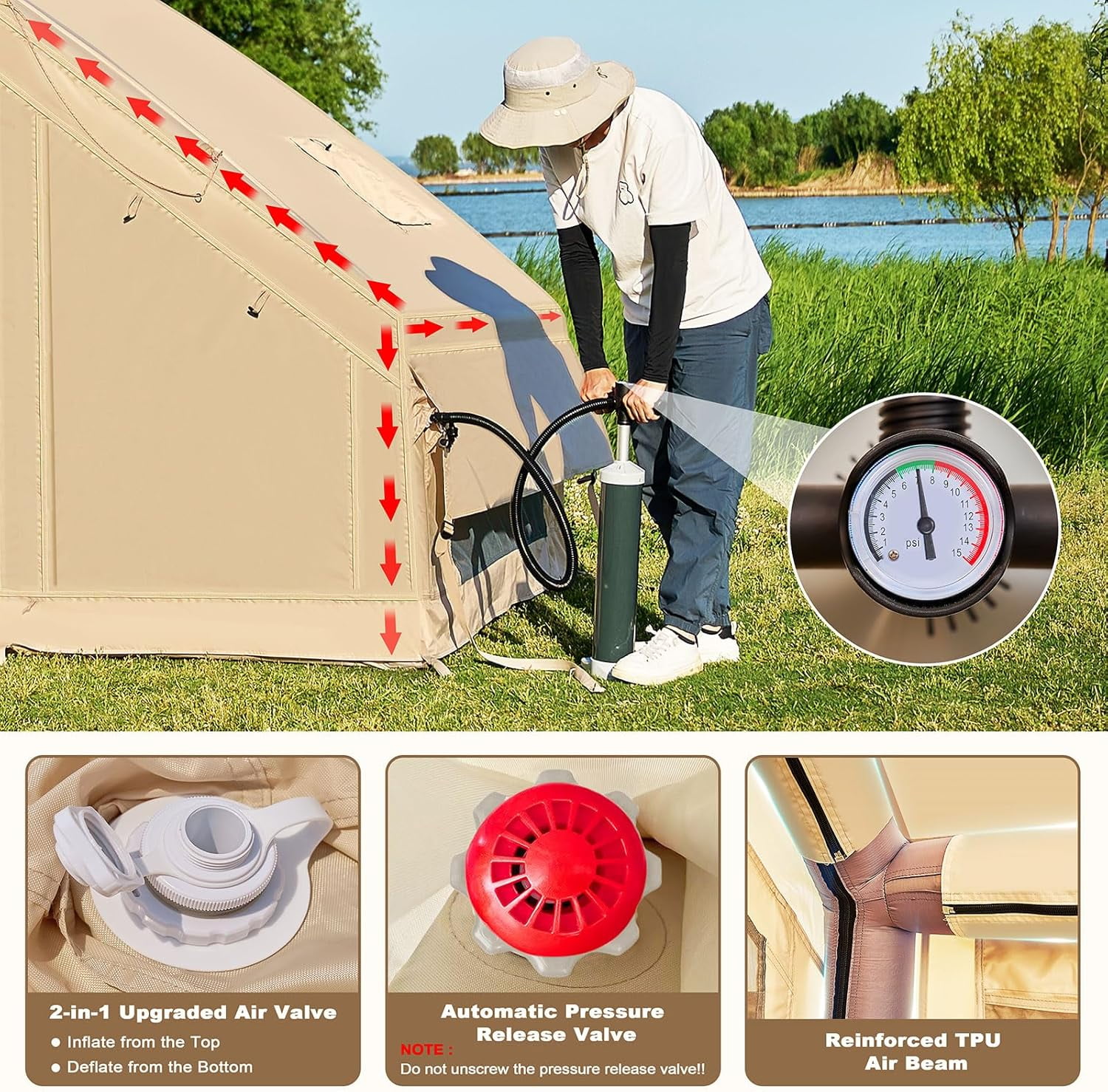 6 Person Inflatable Camping Tent with Pump, 10ft x7ft Glamping Family Tent Easy Setup 4 Season Waterproof Windproof Outdoor Blow Up Tent Luxury Oxford Cabin with Mesh Windows & Doors