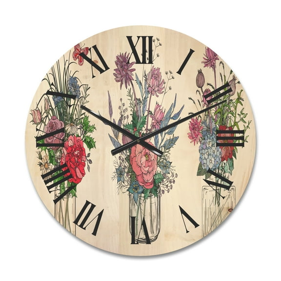 Designart 'Transparent Vases With Bouquets of Wildflowers I' Farmhouse Wood Wall Clock