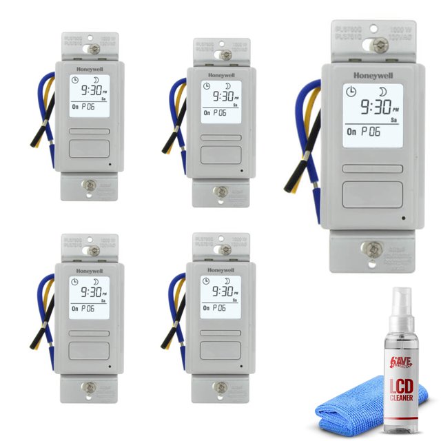 5-Pack Honeywell PLS750C1000 Timer Switch with Sunrise Sunset Single or 3 Way + LCD Cleaner