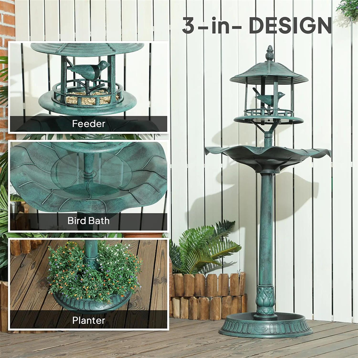 resenkos 3-in-1 Outdoor Flower Birdbath with Bird Feeder, Charming Garden Accent to Attract Birds, Durable Resin Construction for Patio, Deck, or Yard, Green