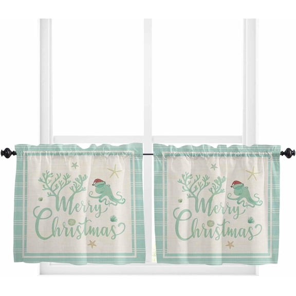 Blue Teal Coastal Christmas Kitchen Curtain 2 Panels Tiers Curtains 24 Inch Length, Xmas Coral Nautical Snowflake Curtains Rod Pocket Curtains Window Drapes Treatment Window Cafe Curtains