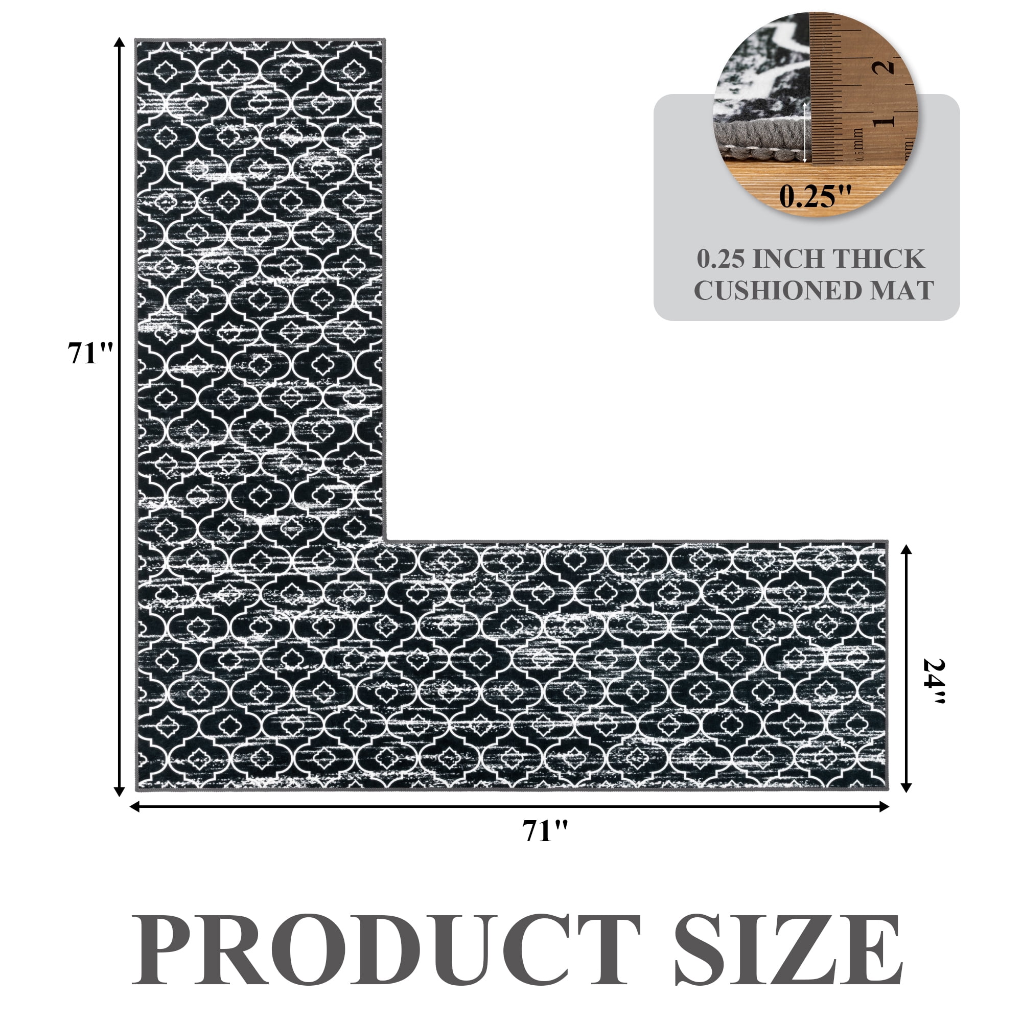 MeyJey Corner Kitchen Rug, 1 Piece Anti-Slip L Shape Kitchen Mat for Floor, Absorbent Runner in Front of Sink, Washable Floor Rugs for Home,Kitchen(Black-L,24”x 71”x 71”)