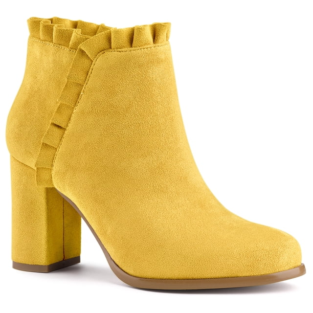 Unique Bargains Women's Ruffle Chunky Heel Ankle Boots