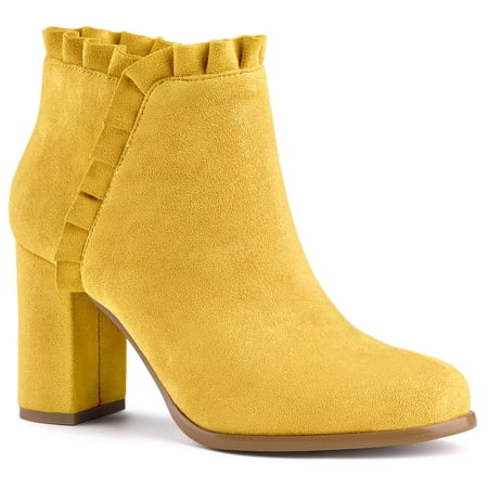 BLISSFUL STEP Women s Ankle Boots Pointed Toe Zip-Up Block Heel Yellow 7