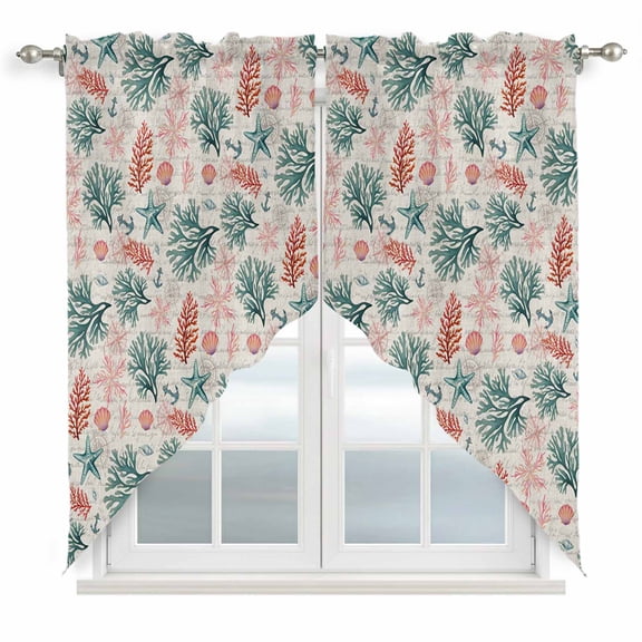 Sage Green Red Coral Swag Curtains for Living Room/Bedroom, Coastal Nautical Summer Beach Swag Kitchen Curtain Valances for Windows, Tier Topper Scalloped Curtain 2 Panels, 56"W x 36"L
