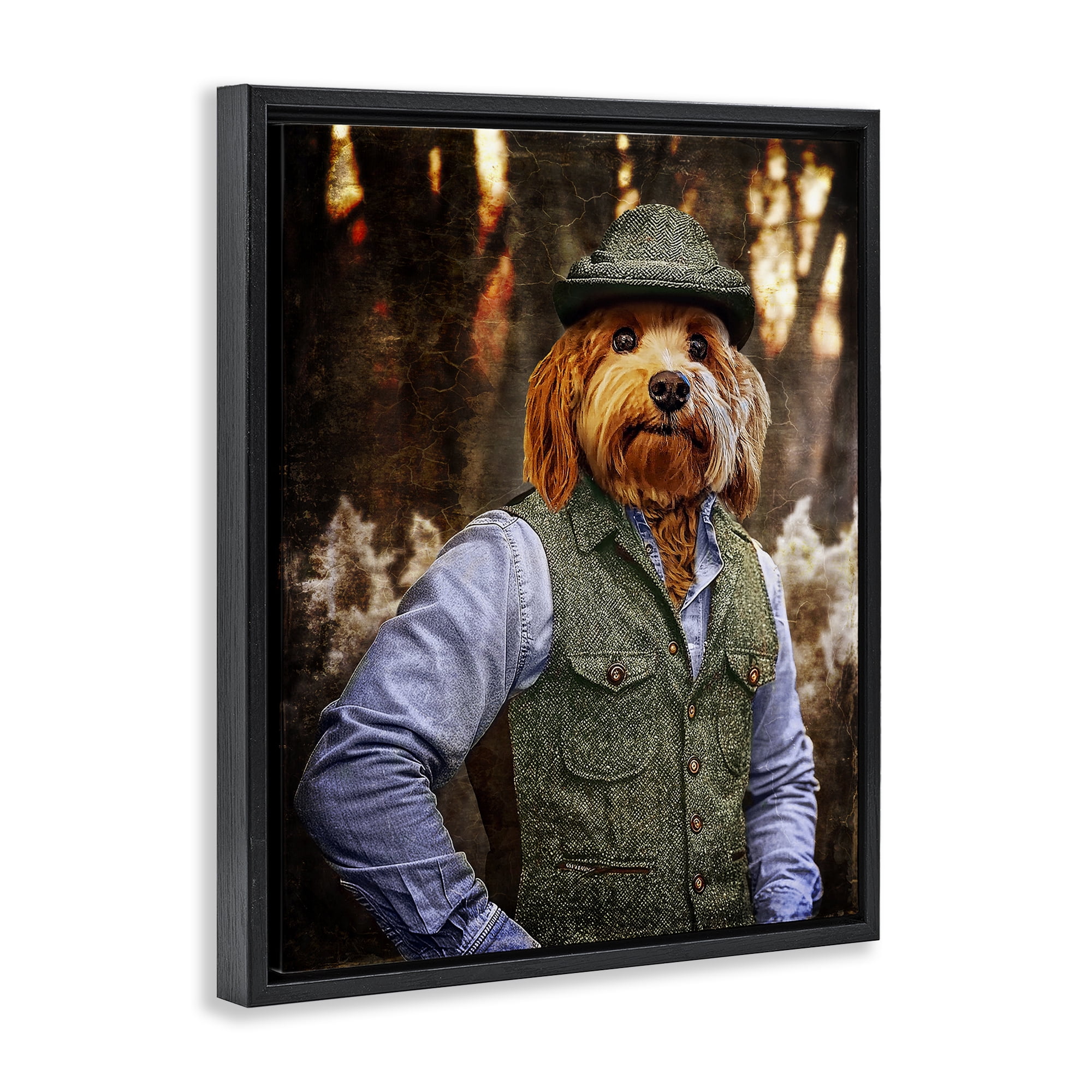 Stupell Industries Terrier Dog Classic Clothing Animals & Insects Painting Black Floater Framed Canvas Art Print Wall Art, 17 x 21