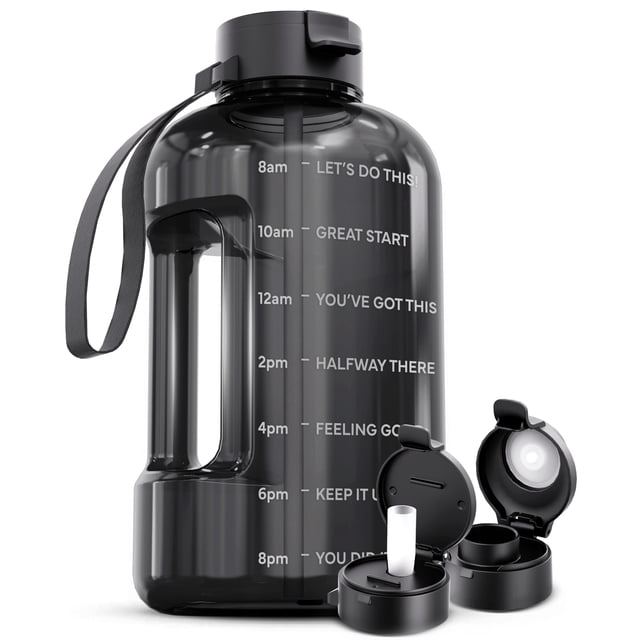 Botella de agua AQUAFIT de 1 galón con marcador de tiempo sin BPA, gris