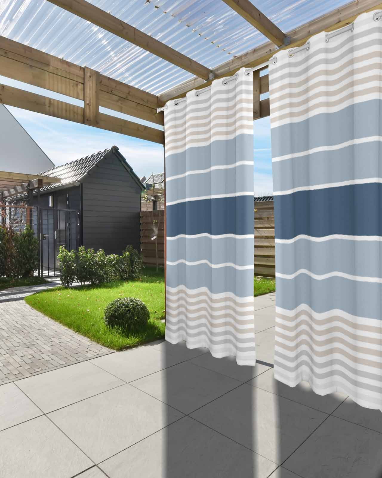 Grey Blue Stripes Outdoor Curtains for Patio, Country Modern Gradient Lines Art Privacy Drapes Grommet Waterproof Outside Curtains for Porch/Cabana/Balcony 54"x 95", 2 Panel