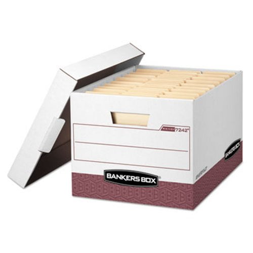 Bankers Box Storage Box, Letter, Locking Lid, White/Red 12 per Carton