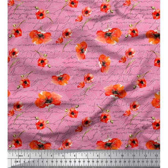 Soimoi Pink Rayon Fabric Text & Poppy Floral Print Sewing Fabric Yard 56 Inch Wide