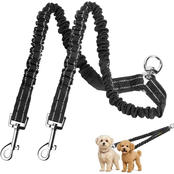 bathprove 2 Dog Leash, Dog Leash for 2 Dogs, 360° Swivel No Tangle Double Walking Training Leashes for Small Dogs, Comfortable Shock Absorbing Reflective Bungee, Black