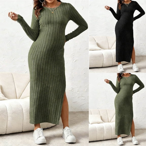 YMNXA Women's Maternity Dress Long Sleeve Round Neck Solid Color Comfortable Stretchy Pregnant Dresses For Casual Daily Wear,Black,L