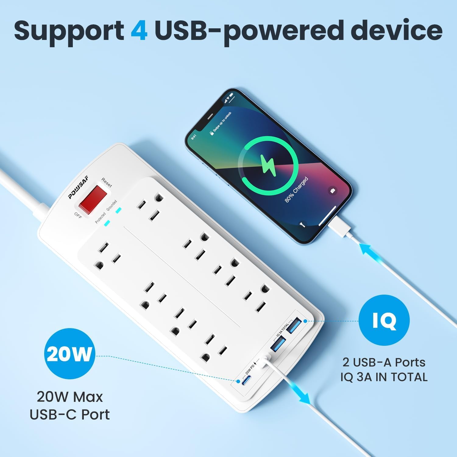 8-Outlet Sur Protector Power Strip, 10Ft Flat Plug Extension Cord with 2 USB-C (PD 20W) Fast Charging Ports and 2 USB-A Ports for Home, Office, 2700 Joules, ETL, White