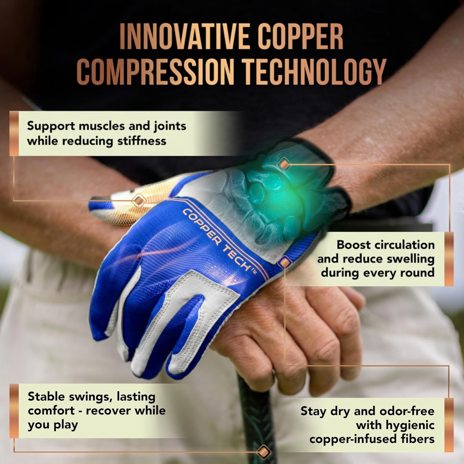 Copper Tech Golf Gloves Men (2 Pack)| Copper Compression Joint Support | Flexible & Comfortable Fit with AAA Leather (White/Royal Blue, X-Large, Left)