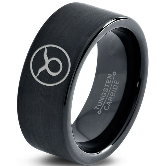 Tungsten Horoscope Taurus Band Ring 9mm Men Women Comfort Fit Black Flat Cut Brushed Polished
