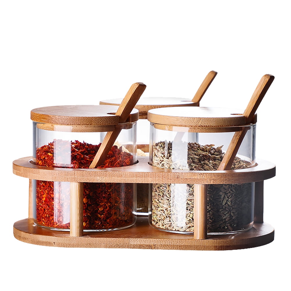 Glass Seasoning Jar Seasoning Bottle Set with Bamboo Spoon Bamboo Cover