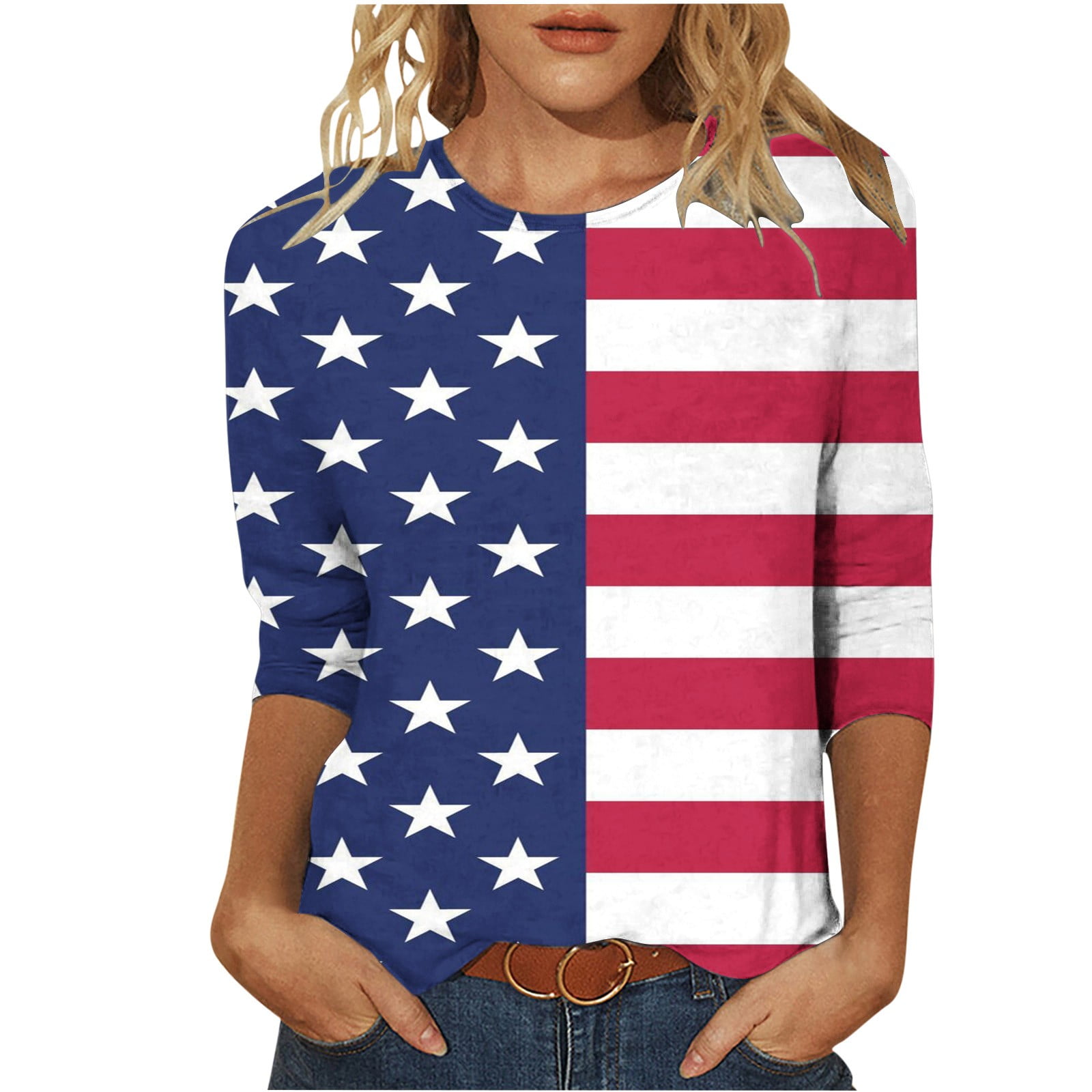 APEXFWDT Shirt 3/4 Sleeve American Flag Tops Women 4th of July Patriotic Shirt USA Independence
