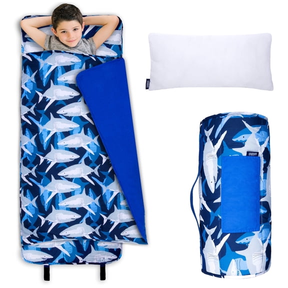 Wildkin Original Nap Mat with Pillow for Boys and Girls, Features Hook and Loop Fastener, Soft Cotton Blend Materials (Sharks)