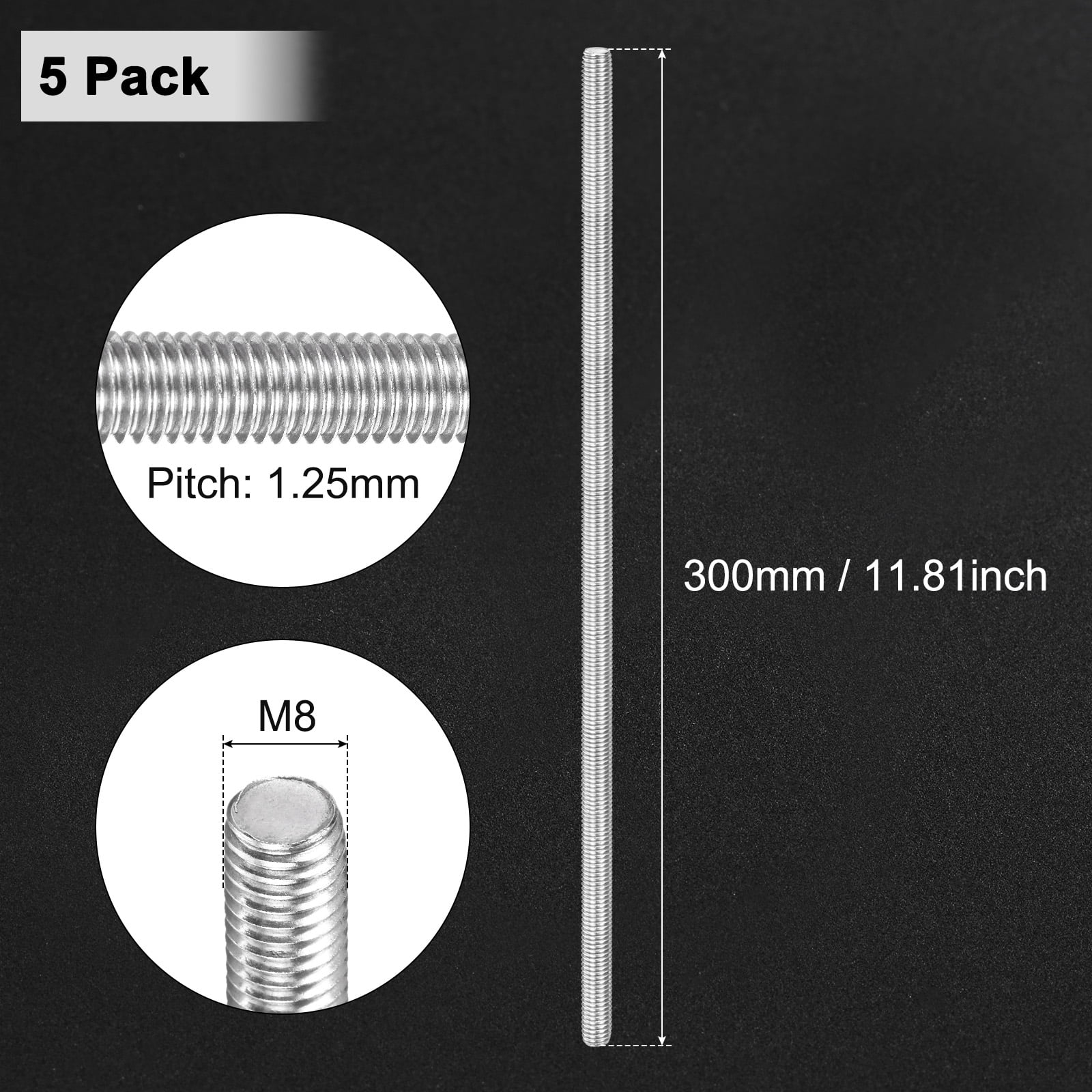Uxcell 5-Pack Fully Threaded Rod, M8x300mm 304 Stainless Steel Right Hand Thread Bar Studs