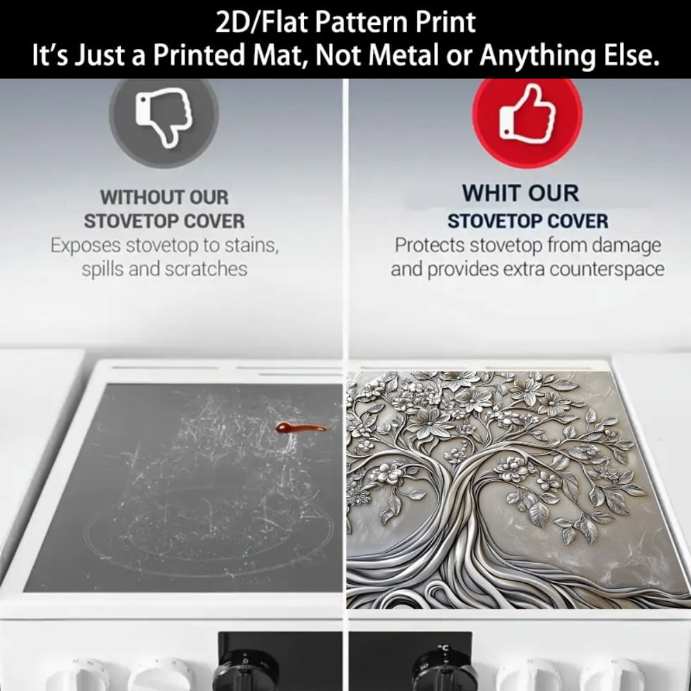 1 2D/flat stove cover protection pad, silver embossed wind flower branch leaf tree pattern design, 28.3x20.5 inches (72×52cm), easy to clean, perfectly suitable for any kitchen, washing machine, drye