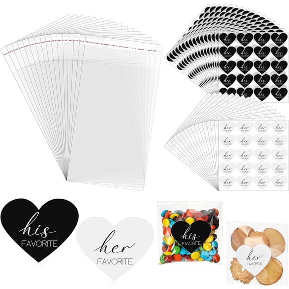 YANTONG 200 Set His Her Favorite Stickers Candy Bags Wedding Favor Stickers 4x6 Inches Cellophane Bags That Seal Themselves for Wedding Favor Labels Guest Welcome Bag Stuffers Bulk
