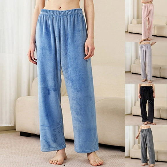 Fall Saving! HVOBTTY Women's Long Pajama Pants, Pajama Pants for Women, Women's Fashion Solid Color Flannel Fleece Lined Thickened Warm Loose Elastic Waist Sleep Pants Black, XL