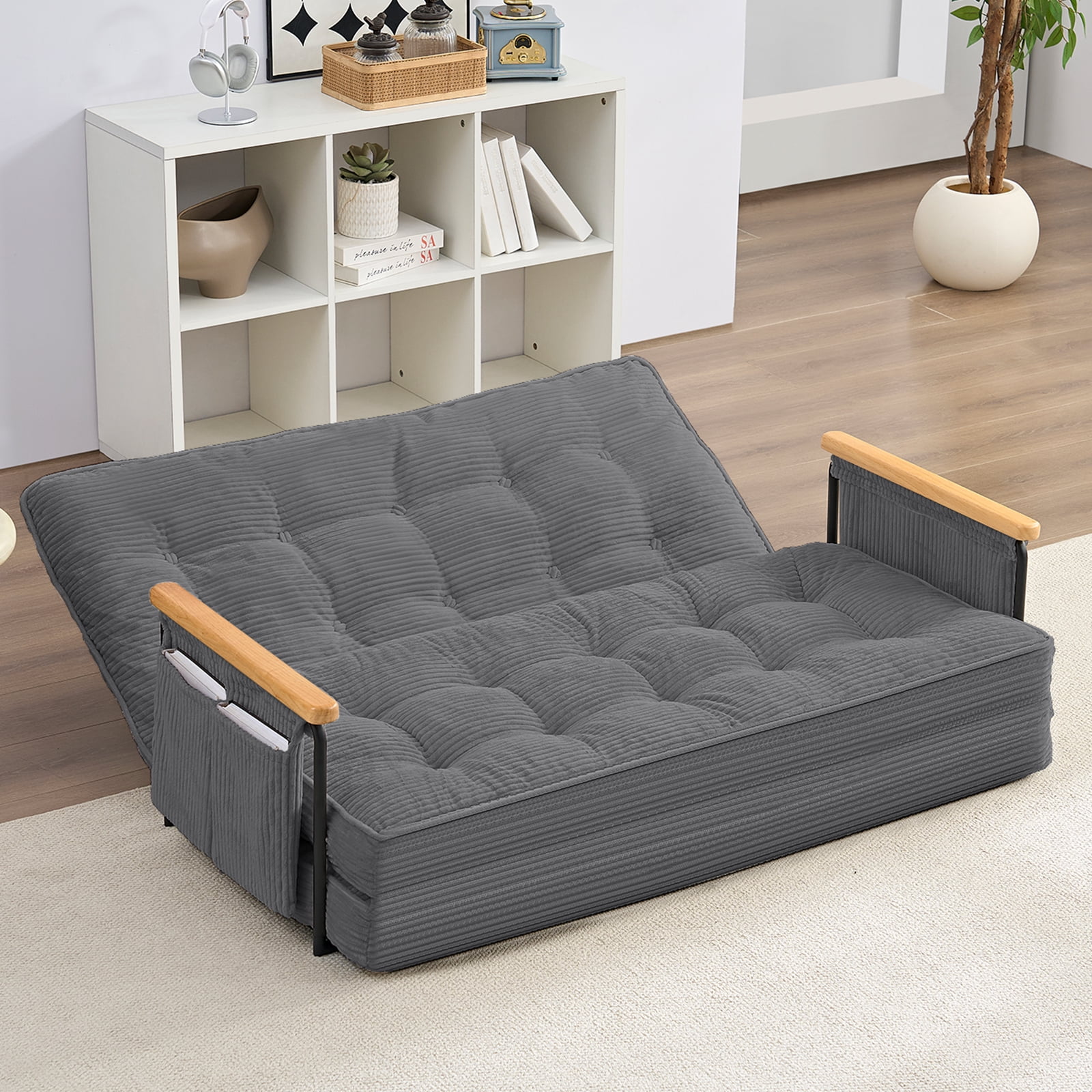 BALUS Futon Sofa Bed, 4-in-1 Corduroy Floor Couch Bed with Folding Mattress, Convertible Sleeper Sofa for Living Room, Grey