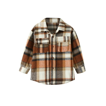 

Kids Baby Boys Girls Shirt Collared Long Sleeve Classic Jacket Checked Shirts Button-Down Pocket Flannel Coat Top