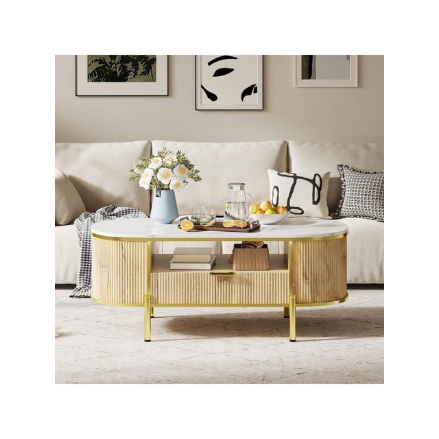 Bingirl Table Basse Ovale en Faux Marbre de 48 Pouces avec Tiroir de Rangement et Pattes Dorées - Table Centrale Moderne à Cannelures pour Salon