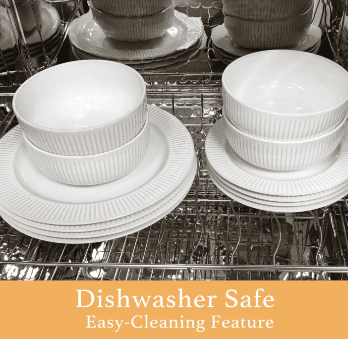 BVIEAKD 12 Piece Embossed Ceramic Dinnerware Sets for 4, Striped Plates and Bowls Sets, Dishwasher & Microwave Safe Dishes Set for Kitchen and Dining