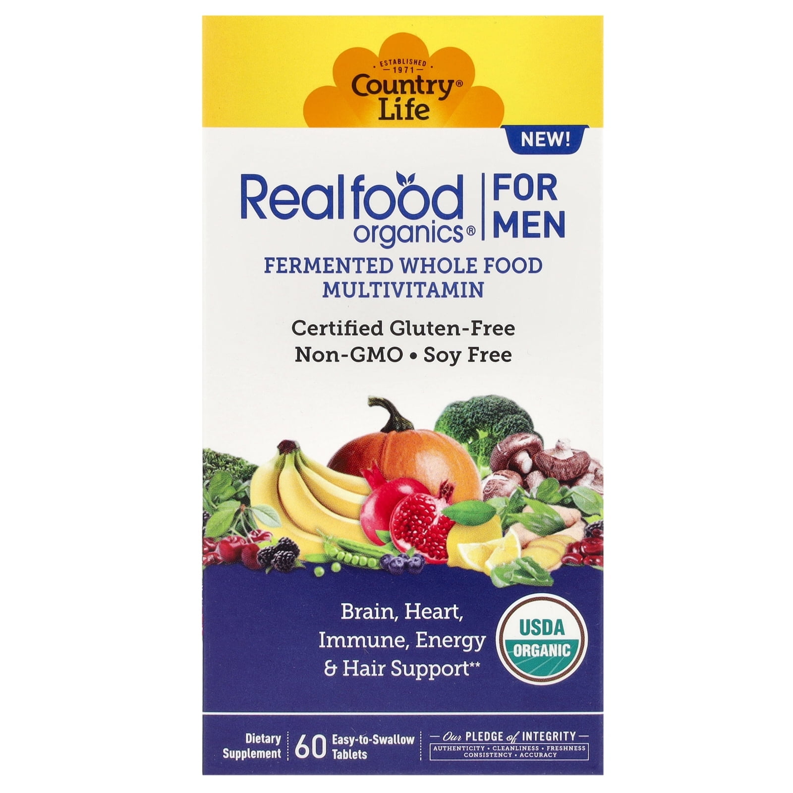 Country Life Realfood Organics for Men Multivitamin, 60 Tablets | 30 servings with 1,300mg organic food blend, 7-mushroom superfood and inner-fillet aloe for brain, heart, and energy support