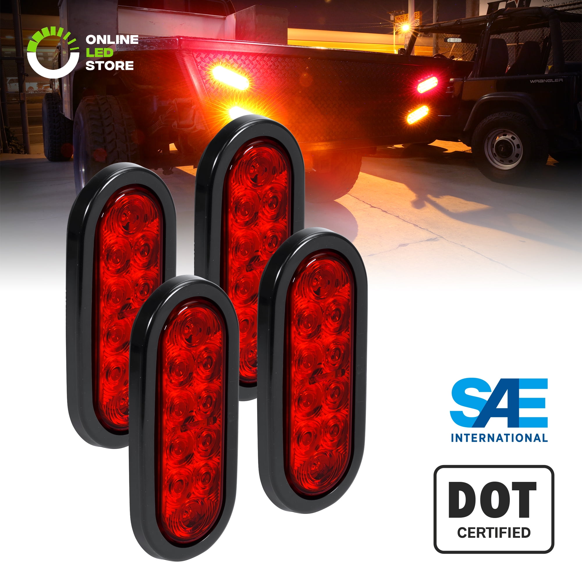 Red Trailer Truck LED Sealed RED 6 Oval Stop/Turn/Tail Light Marine Waterproof Including 3-pin Water Tight Plug with Wires and Grommet 2 