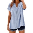 thumbnail image 2 of Xuyuer Cotton Linen 3/4 Sleeve Button Down Shirts for Women Gingham Striped Tops V Neck Casual Loose Fitted Blouse, 2 of 7