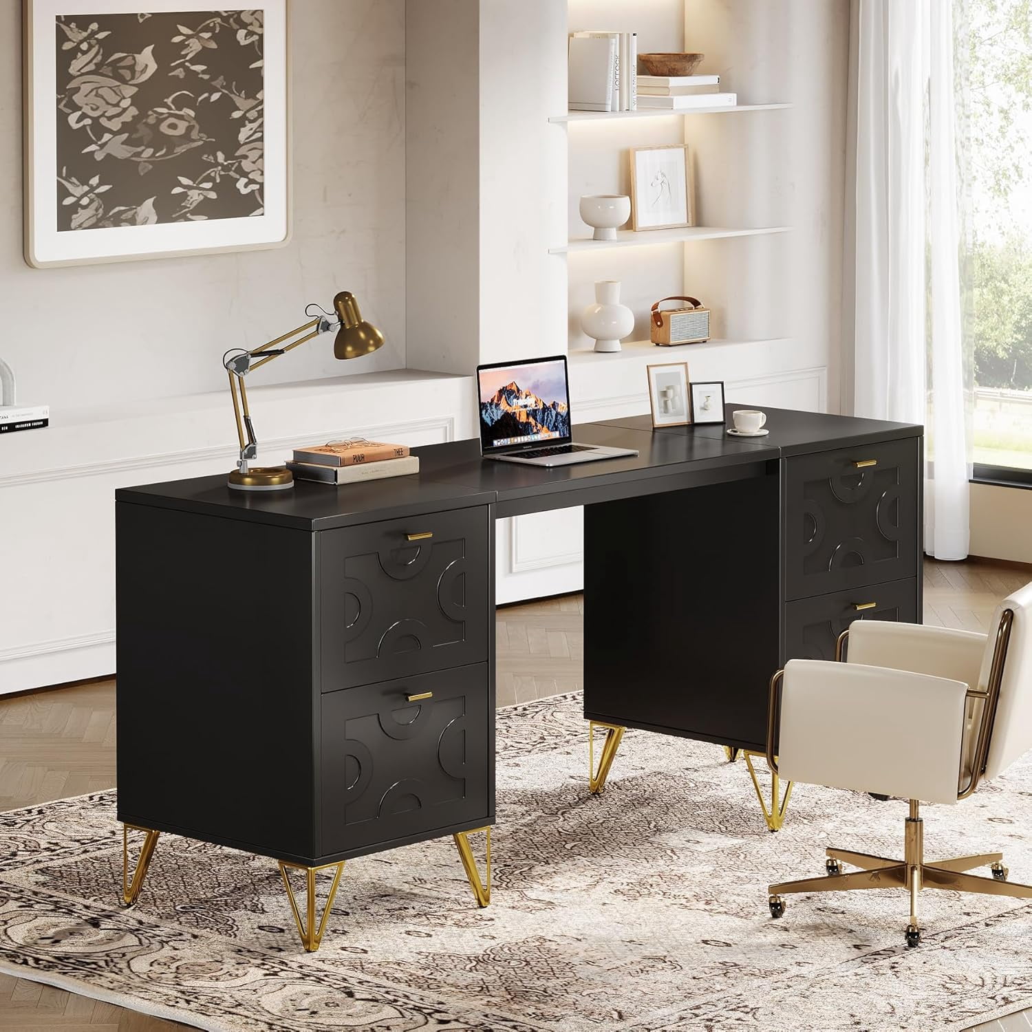 Tribesigns 59-Inch Black Executive Computer Desk with 4 File Drawers Storage, Modern Writing Table