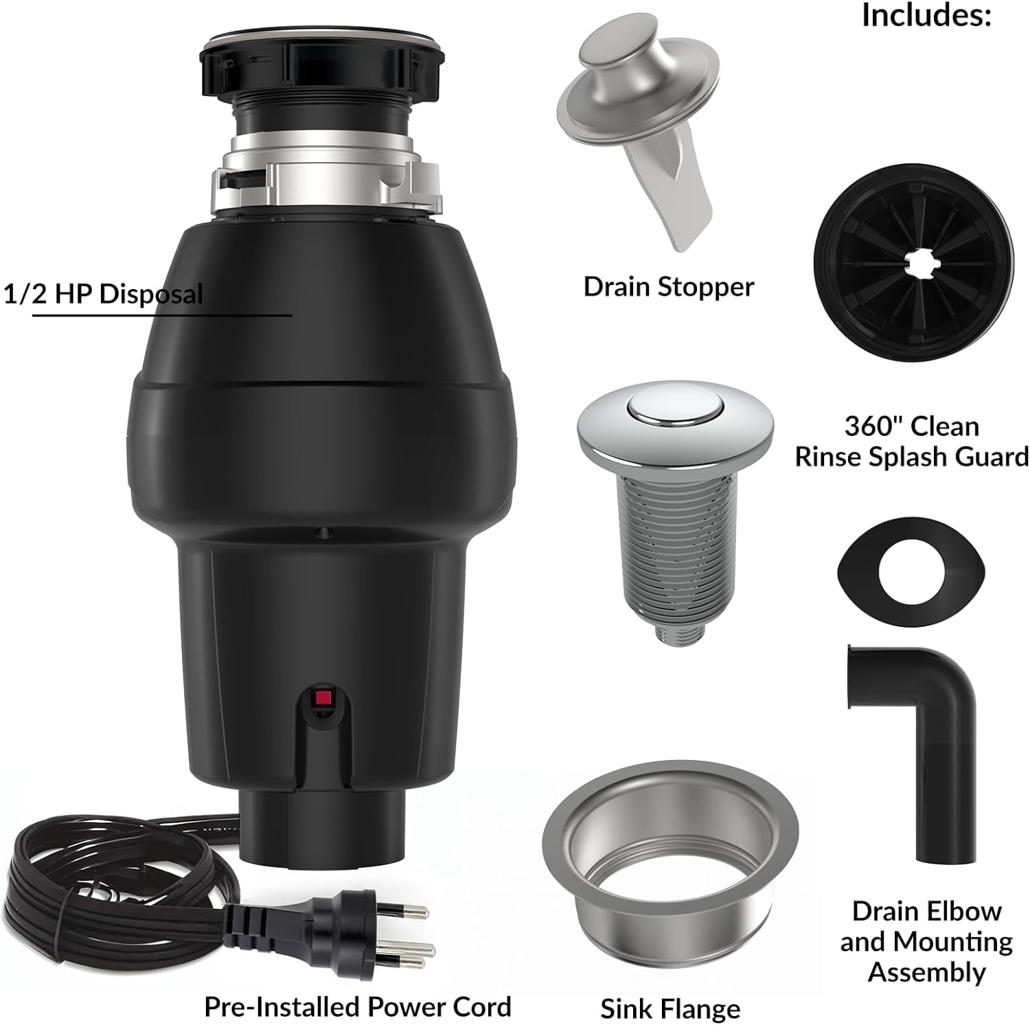 Garvee 1/2 HP Garbage Disposal with Air Switch, 4-Stage Grinding, 3500 RPM, Quiet Food Waste Disposer, Stainless Steel & ABS, for Kitchen, Matte Black
