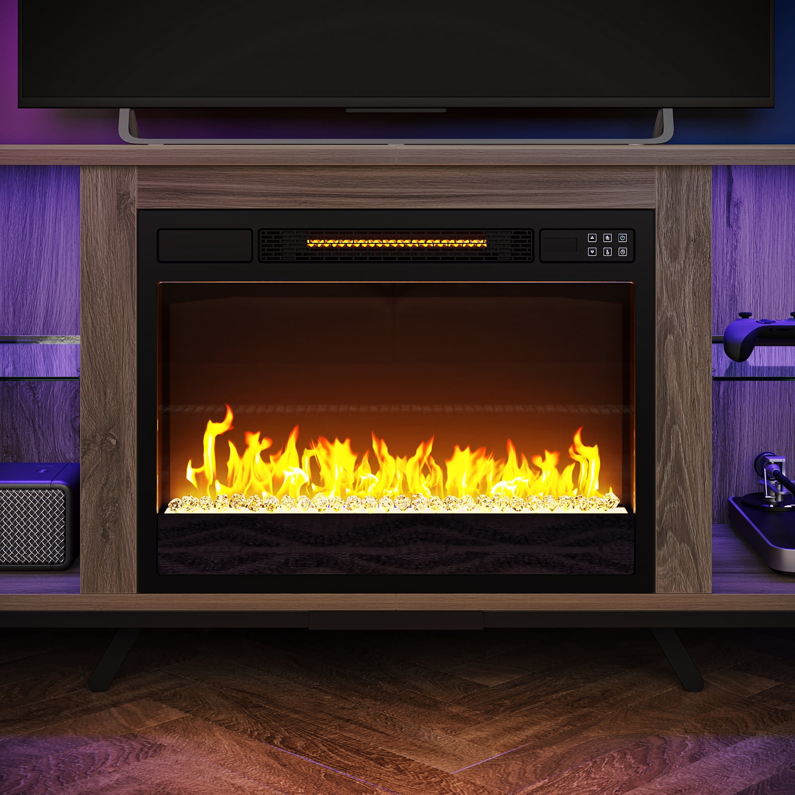 Bestier Modern Electric Crystal Fireplace TV Stand with LED Lights for TVs up to 80", Entertainment Center with Glass Shelves,Pinewood