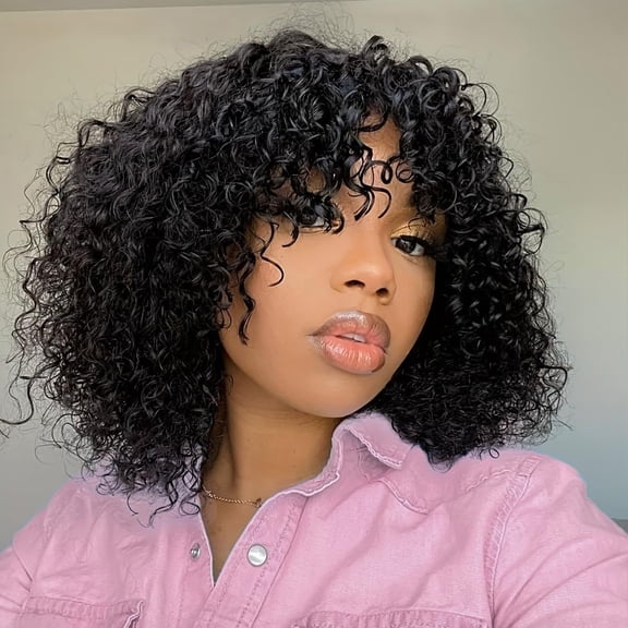 Women's short black curly hair with bangs full synthetic fiber wig