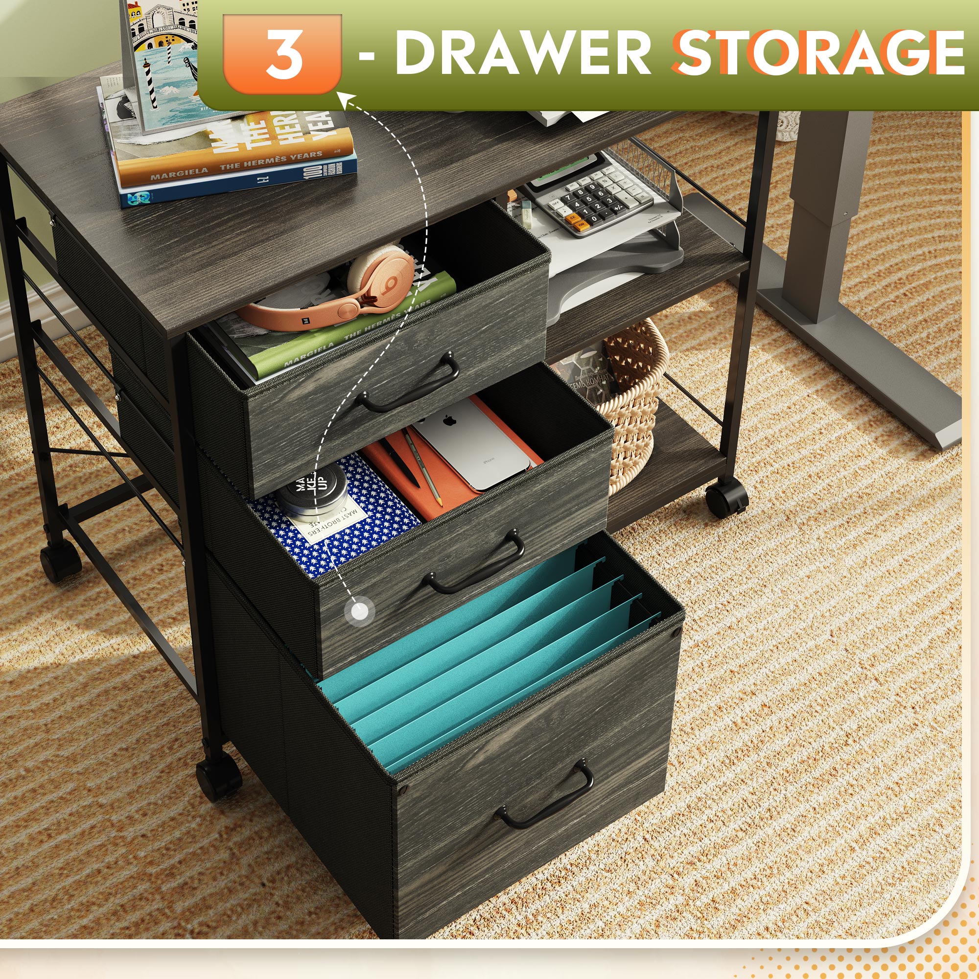 GALAXHERO 3 Drawer File Cabinets, Mobile Printer Stand with Storage Shelf for Home Office/Letter/A4, Charcoal Black