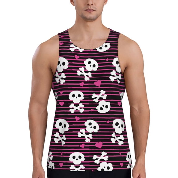 Logiee skull with hearts Print Men's Workout Tank Top,Quick Dry Workout Tank Top,Gym Muscle Tee,Fitness Bodybuilding Sleeveless T Shirt-XX-Large