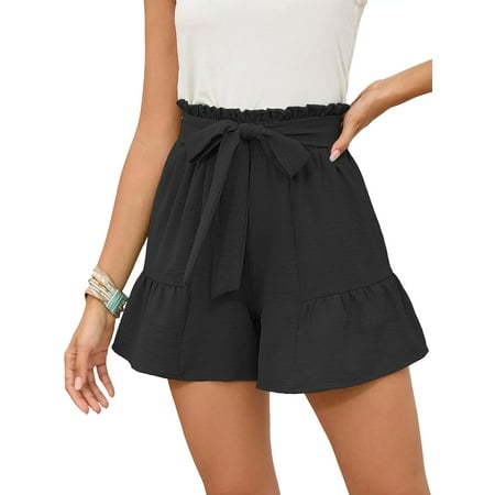 Chiclily Summer High Waist Wide Leg Shorts for Womens Casual Loose Elastic Waist Lounge Beach Shorts with Pockets, US Size Medium, Black