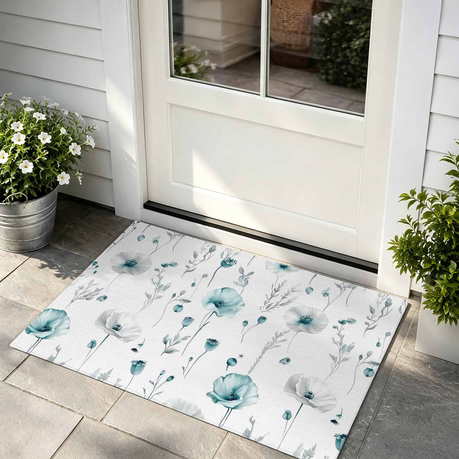 Front Door Mat Indoor Outdoor Entrance Turquoise Flowers Low Profile Doormats Non-Slip Backing Farmhouse Spring Botanical Floral Absorbent Welcome Mat for Entryway Hallway 16 x24