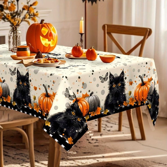 Orange Buffalo Plaid Spooky Pumpkin Ghost Halloween Tablecloth Rectangle Washable Table Covers for Indoor Outdoor Dining Home Party Decorations Table Cloth 35x23 Inch