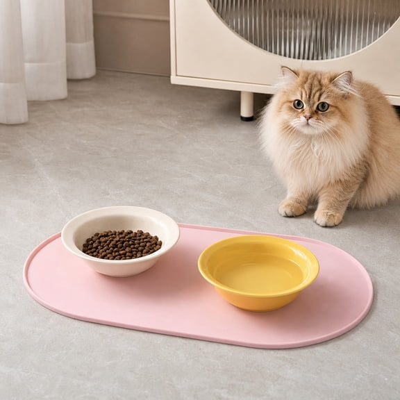 Pink Oval Silicone Pet Feeding Mat, Waterproof Non-Slip Dog Cat Bowl Placemat for Food and Water Dishes